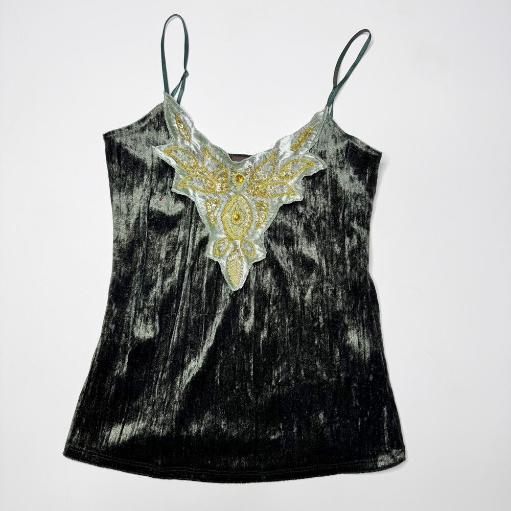 Vintage Y2K O&G Crushed Velvet Beaded Cami Top Green Fairy Grunge Boho Medium